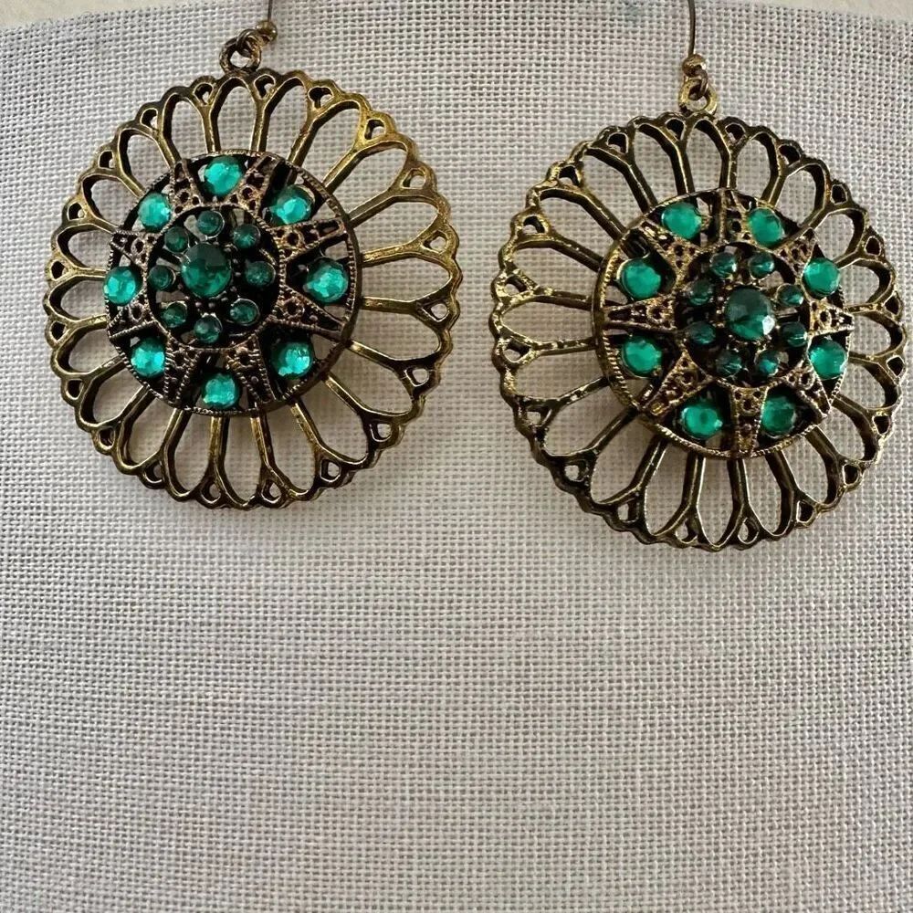 Gold tone green rhinestone earrings